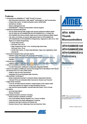 AT91SAM9XE256-CU datasheet - AT91 ARM Thumb Microcontrollers