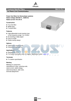 B84131-PLC datasheet - Customer-Specific Filters for Power Line Communication