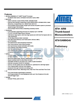 AT91SAM9G45PRE datasheet - DDR2 Controller 4-bank DDR2/LPDDR, SDRAM/LPSDR