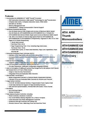 AT91SAM9XE256 datasheet - AT91 ARM Thumb Microcontrollers