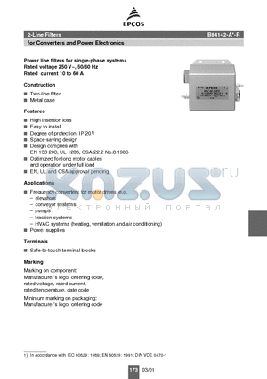 B84142-A10-R datasheet - Power line filters for single-phase systems Rated voltage 250 V~, 50/60 Hz Rated current 10 to 60 A