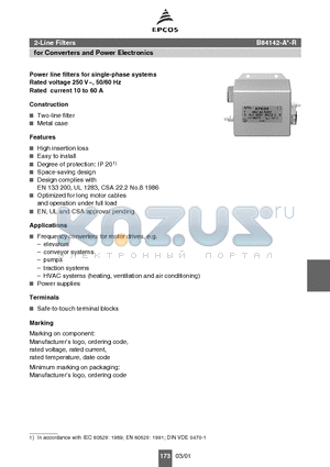 B84142-A40-R datasheet - Power line filters for single-phase systems Rated voltage 250 V~, 50/60 Hz Rated current 10 to 60 A