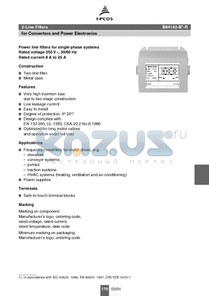 B84142-B12-R datasheet - Power line filters for single-phase systems Rated voltage 250 V~, 50/60 Hz Rated current 8 A to 25 A