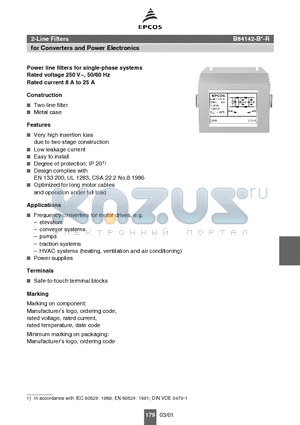 B84142-B25-R datasheet - Power line filters for single-phase systems Rated voltage 250 V~, 50/60 Hz Rated current 8 A to 25 A
