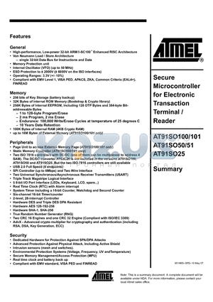 AT91SO100_07 datasheet - Secure Microcontroller for Electronic Transaction Terminal / Reader