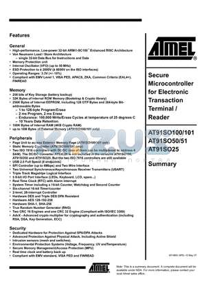 AT91SO50 datasheet - Secure Microcontroller for Electronic Transaction Terminal / Reader