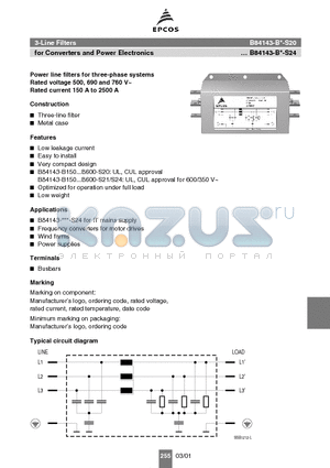 B84143-B1000-S20 datasheet - 3-Line Filters for Converters and Power Electronics
