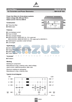 B84143-B1000-S24 datasheet - 3-Line Filters for Converters and Power Electronics