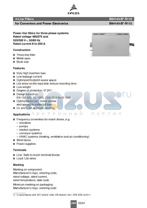 B84143-B50-R11 datasheet - 3-Line Filters for Converters and Power Electronics