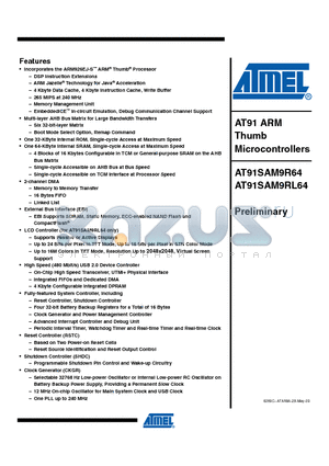 AT91SAM9RL64-CU datasheet - AT91 ARM Thumb Microcontrollers