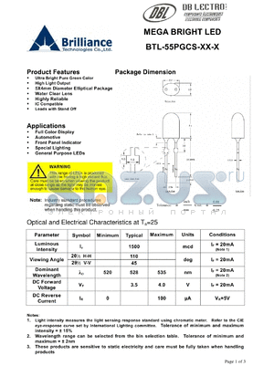 BTL-55PGCS-G8P datasheet - MEGA BRIGHT LED