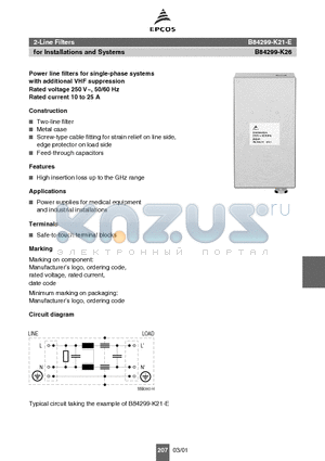 B84299-K26 datasheet - 2-Line Filters for Installations and Systems