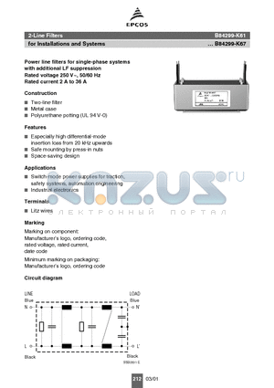 B84299-K61 datasheet - 2-Line Filters for Installations and Systems