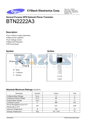 BTN2222A3 datasheet - General Purpose NPN Epitaxial Planar Transistor
