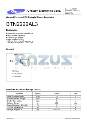 BTN2222AL3 datasheet - General Purpose NPN Epitaxial Planar Transistor