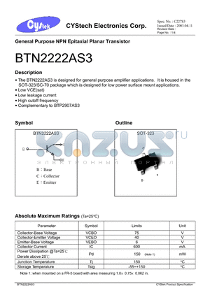 BTN2222AS3 datasheet - General Purpose NPN Epitaxial Planar Transistor
