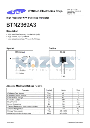 BTN2369A3 datasheet - High Frequency NPN Switching Transistor