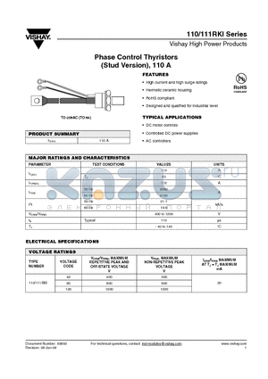 110RKI120 datasheet - Phase Control Thyristors (Stud Version), 110 A