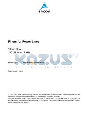 B84299C1101B003 datasheet - Filters for Power Lines 16 to 150 A, 100 dB from 14 kHz