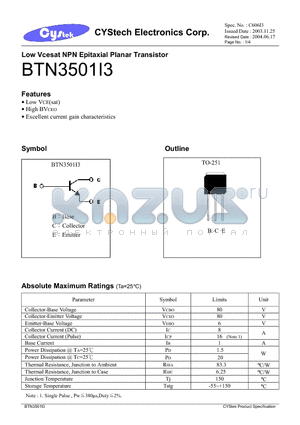 BTN3501I3 datasheet - Low Vcesat NPN Epitaxial Planar Transistor
