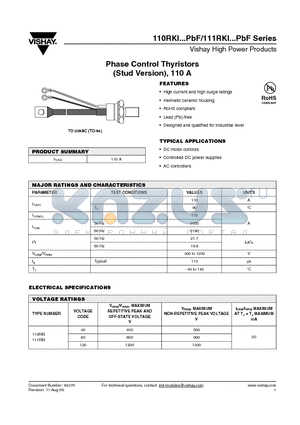 110RKI120PBF datasheet - Phase Control Thyristors (Stud Version), 110 A