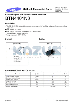 BTN4401N3 datasheet - General Purpose NPN Epitaxial Planar Transistor