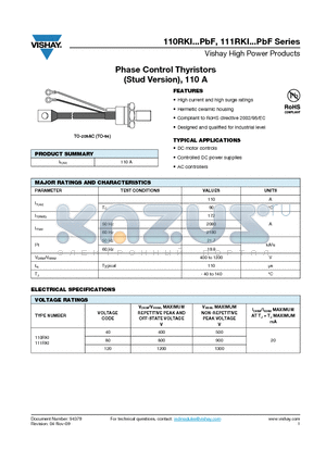 110RKI120PBF datasheet - Phase Control Thyristors (Stud Version), 110 A