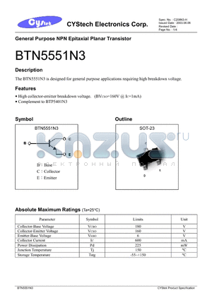 BTN5551N3 datasheet - General Purpose NPN Epitaxial Planar Transistor