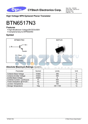 BTN6517N3 datasheet - High Voltage NPN Epitaxial Planar Transistor