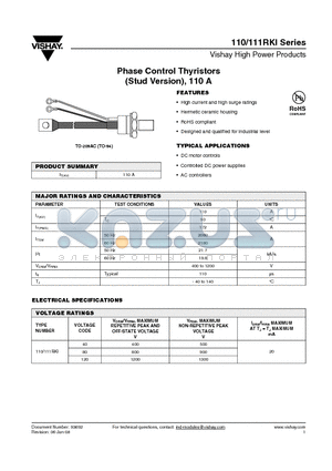 110RKI40 datasheet - Phase Control Thyristors (Stud Version), 110 A