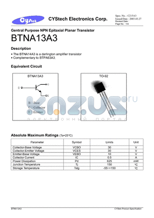 BTNA13A3 datasheet - Gentral Purpose NPN Epitaxial Planar Transistor