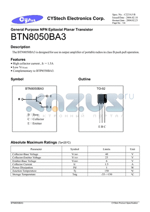 BTN8050BA3 datasheet - General Purpose NPN Epitaxial Planar Transistor