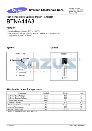 BTNA44A3 datasheet - High Voltage NPN Epitaxial Planar Transistor