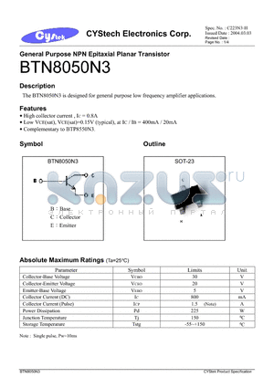 BTN8050N3 datasheet - General Purpose NPN Epitaxial Planar Transistor