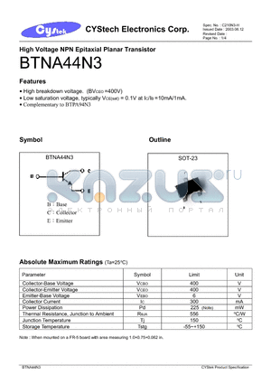 BTNA44N3 datasheet - High Voltage NPN Epitaxial Planar Transistor