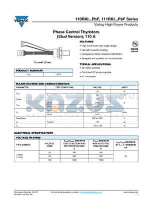 110RKI40PBF_09 datasheet - Phase Control Thyristors (Stud Version), 110 A