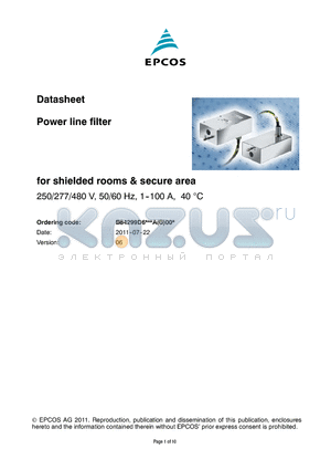 B84299D6050B003 datasheet - Power line filter for shielded rooms & secure area