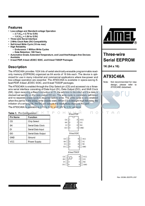 AT93C46A-10PC-2.7 datasheet - 3-Wire Serial EEPROM 1K (64 x 16)