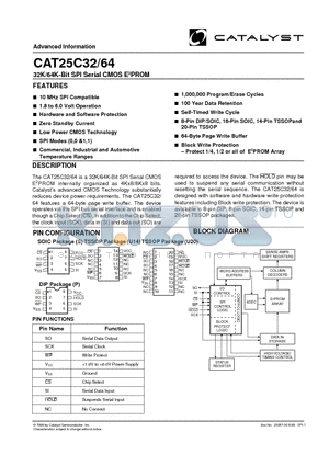 CAT25C32 datasheet - 32K/64K-Bit SPI Serial CMOS E2PROM