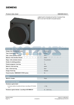 3SB3000-0AA11 datasheet - 22MM PLASTIC ROUND ACTUATOR: PUSHBUTTON WITH FLAT BUTTON WITH HOLDER BLACK