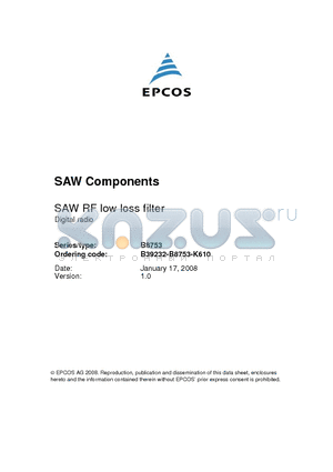 B8753 datasheet - SAW RF low loss filter Digital radio