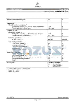 B88069X0220T502 datasheet - Switching Spark Gap