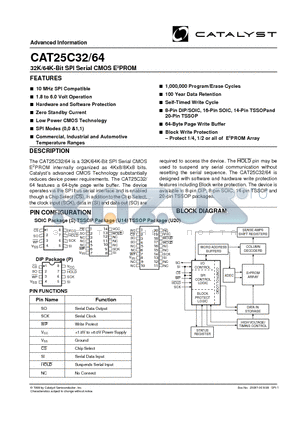 CAT25C64PI-1.8TE13 datasheet - 32K/64K-Bit SPI Serial CMOS E2PROM