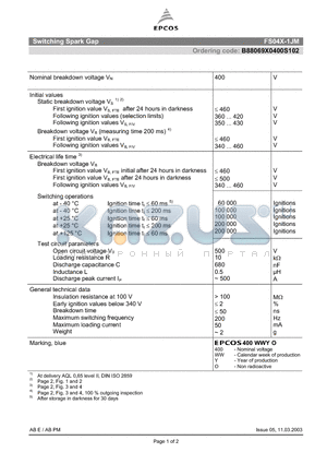 B88069X0400S102 datasheet - Switching Spark Gap