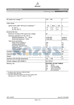 B88069X0470T502 datasheet - Switching Spark Gap