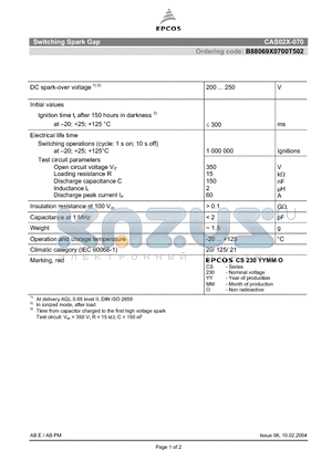 B88069X0700T502 datasheet - Switching Spark Gap