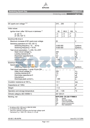 B88069X0710T502 datasheet - Switching Spark Gap