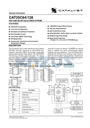 CAT25C64S16I-TE13 datasheet - 64K/128K-Bit SPI Serial CMOS E2PROM