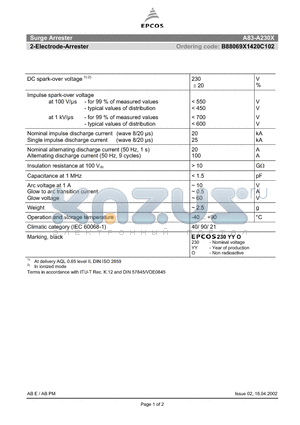 B88069X1420C102 datasheet - 2-Electrode-Arrester