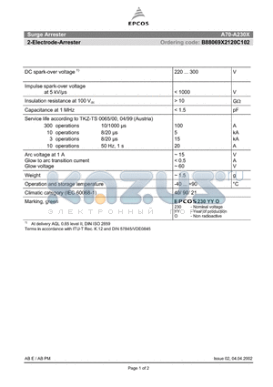 B88069X2120C102 datasheet - 2-Electrode-Arrester